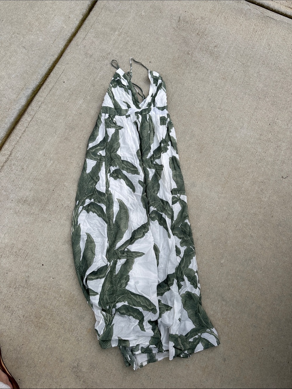 Tropical Leaf Print White & Olive Green Maxi Dress